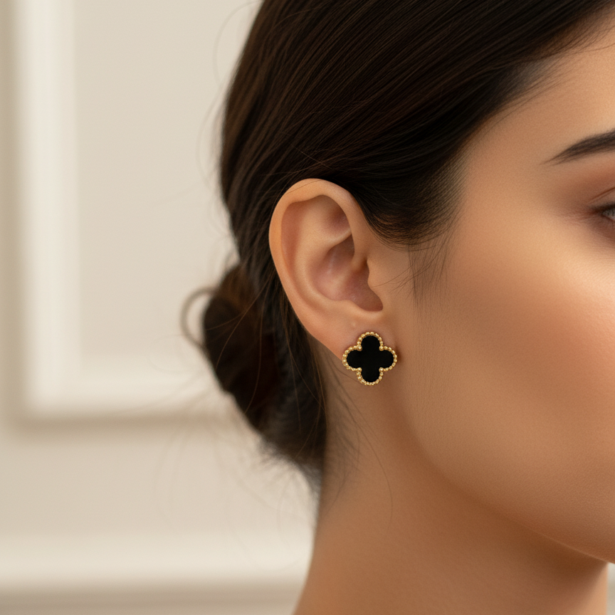 Black Clover Pendant, Ring & Earring Set Gold Plated Elegant Jewelry