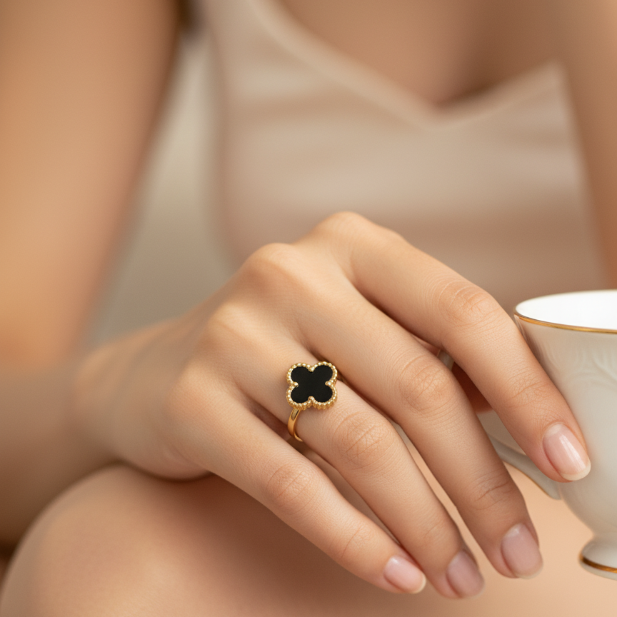 Black Clover Pendant, Ring & Earring Set Gold Plated Elegant Jewelry