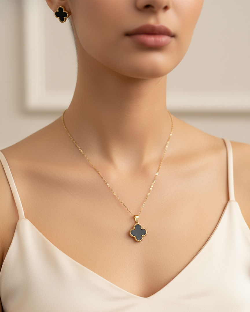 Black Clover Pendant, Ring & Earring Set Gold Plated Elegant Jewelry